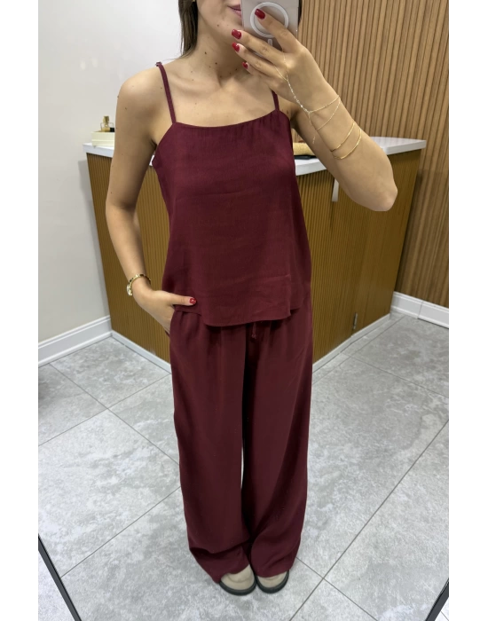 Askılı Bluz Pantolon Bordo Takım