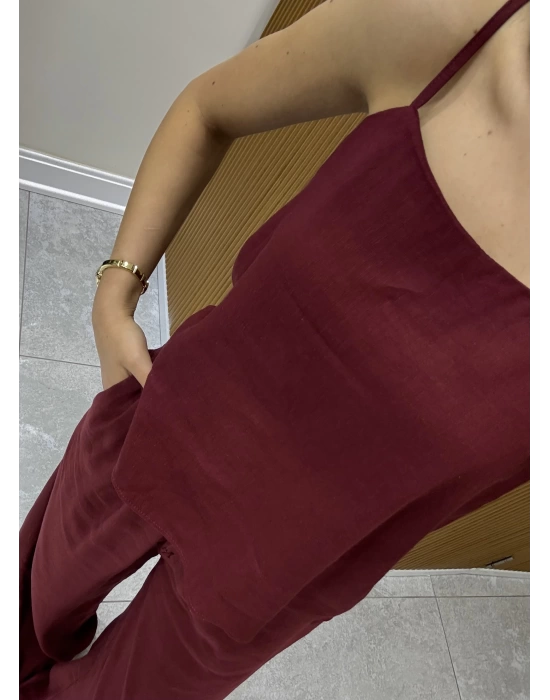 Askılı Bluz Pantolon Bordo Takım