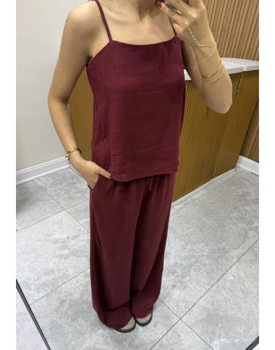 Askılı Bluz Pantolon Bordo Takım