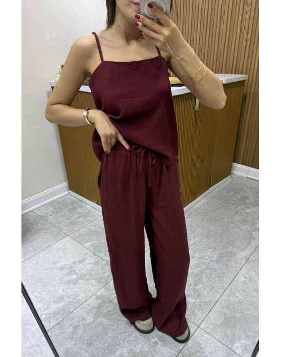 Askılı Bluz Pantolon Bordo Takım