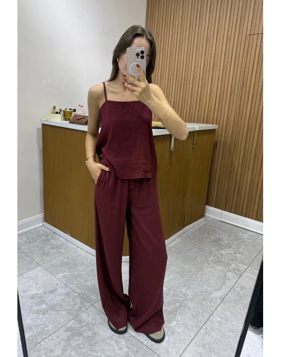 Askılı Bluz Pantolon Bordo Takım
