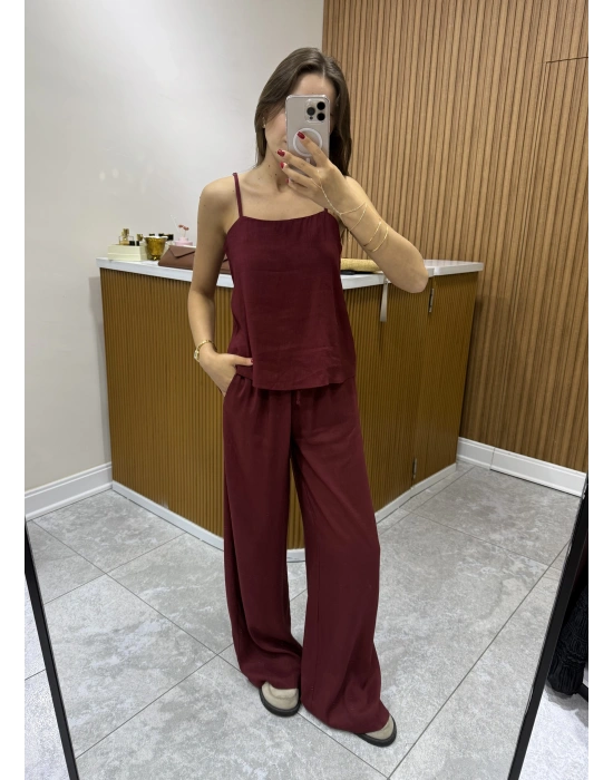 Askılı Bluz Pantolon Bordo Takım
