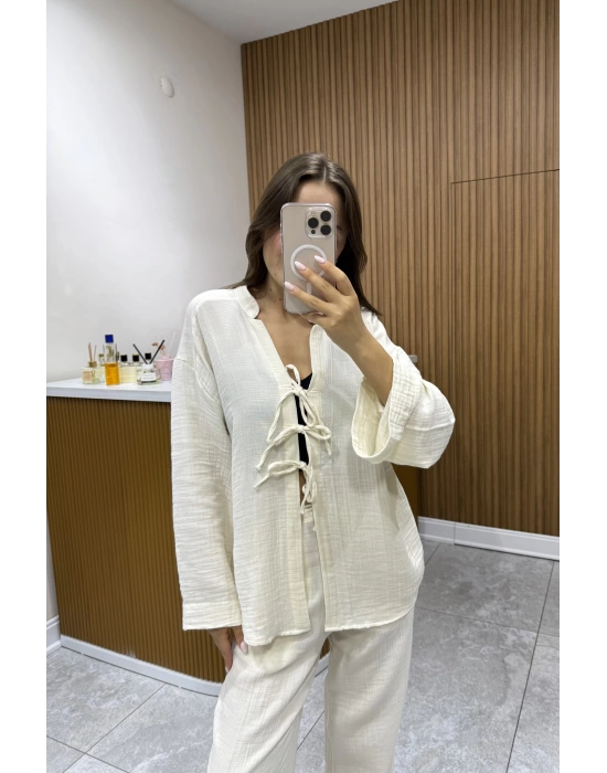 Bağlamalı Bluz Pantolon Bej Müslin Takım