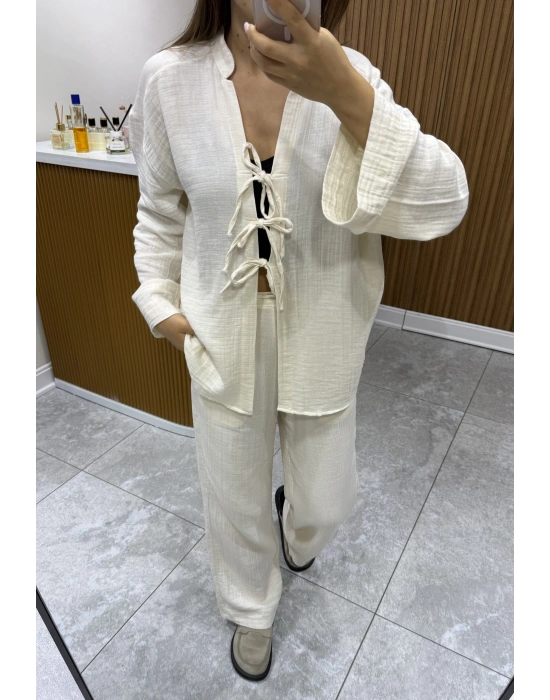 Bağlamalı Bluz Pantolon Bej Müslin Takım