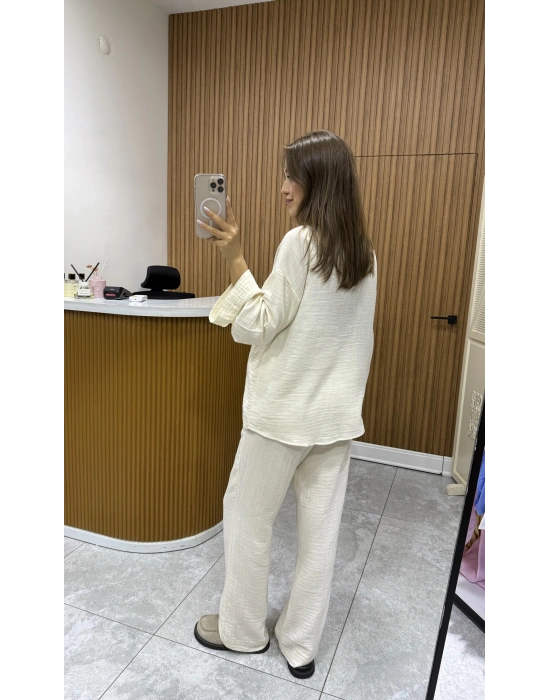 Bağlamalı Bluz Pantolon Bej Müslin Takım