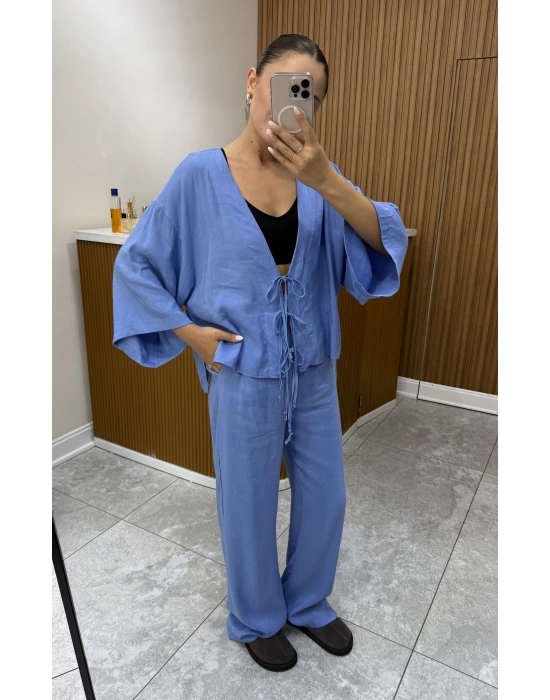 Bağlamalı Bluz Pantolon Mavi Keten Takım