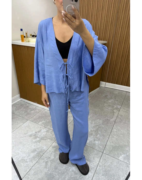 Bağlamalı Bluz Pantolon Mavi Keten Takım