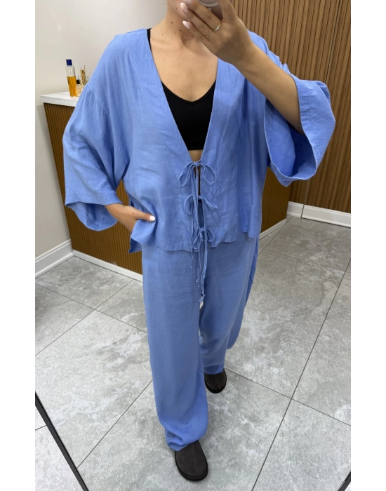 Bağlamalı Bluz Pantolon Mavi Keten Takım
