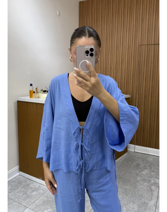 Bağlamalı Bluz Pantolon Mavi Keten Takım