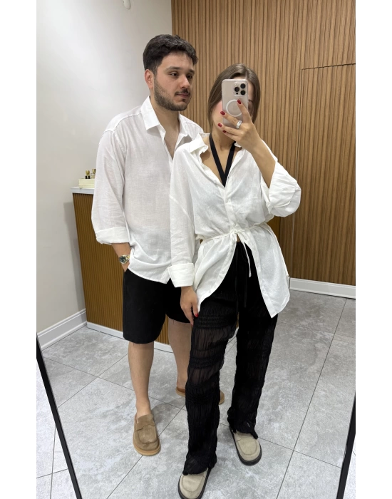 Belden Bağlamalı Keten Gömlek Beyaz