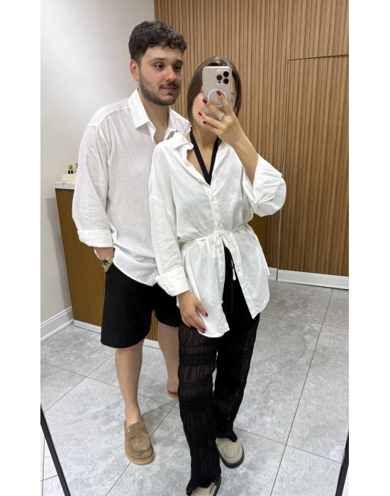 Belden Bağlamalı Keten Gömlek Beyaz