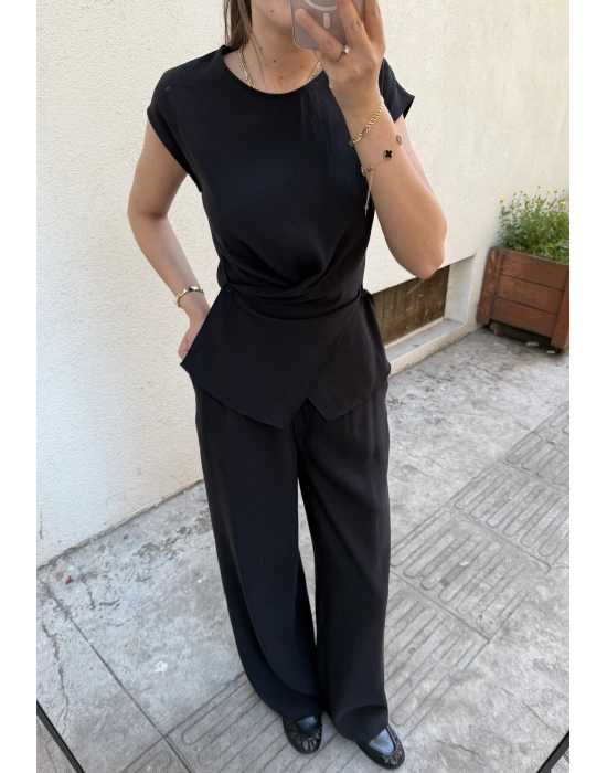 Beli Düğme Detaylı Bluz Pantolon Takım Siyah