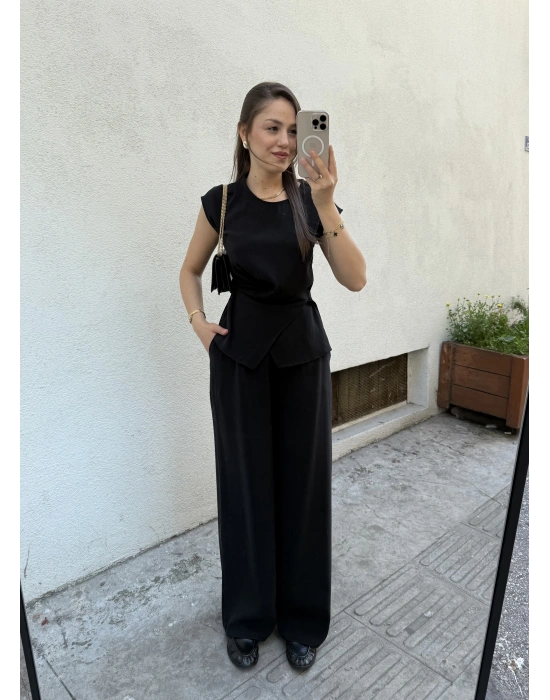 Beli Düğme Detaylı Bluz Pantolon Takım Siyah