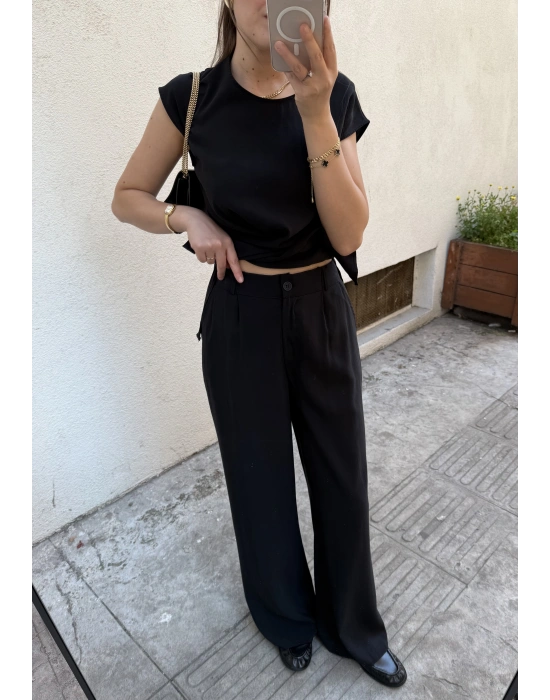 Beli Düğme Detaylı Bluz Pantolon Takım Siyah