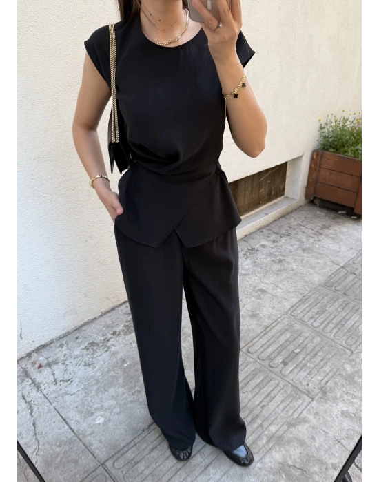 Beli Düğme Detaylı Bluz Pantolon Takım Siyah