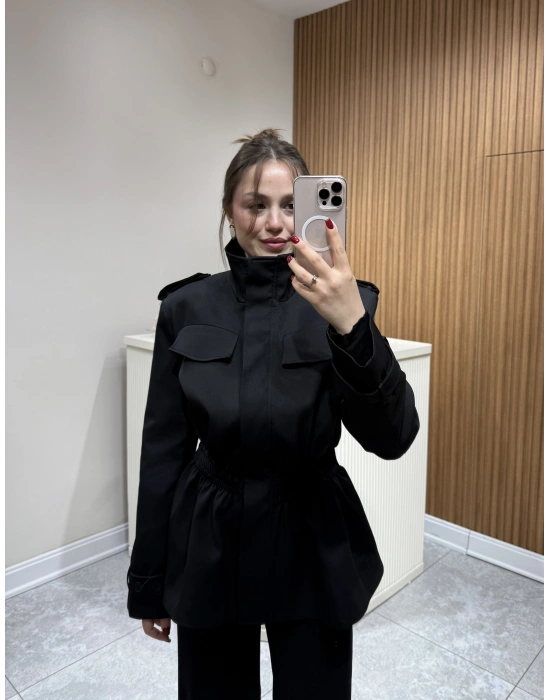 Beli Lastikli Apoletli Ceket Siyah