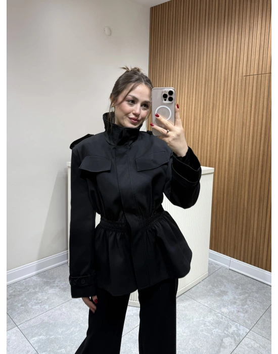 Beli Lastikli Apoletli Ceket Siyah