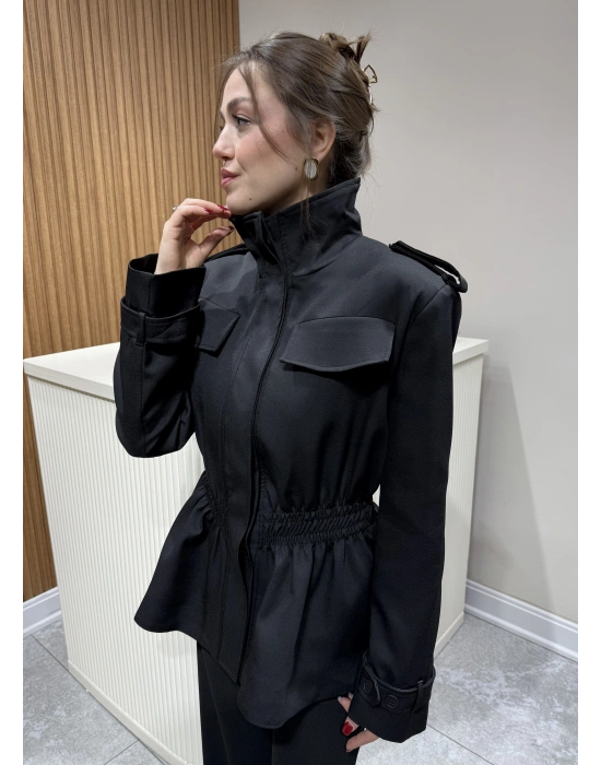 Beli Lastikli Apoletli Ceket Siyah