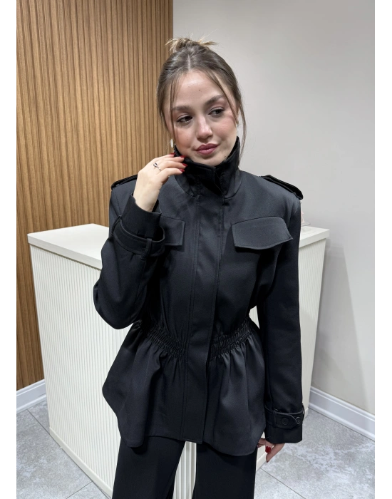 Beli Lastikli Apoletli Ceket Siyah