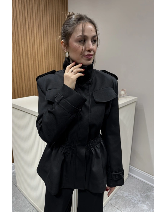 Beli Lastikli Apoletli Ceket Siyah