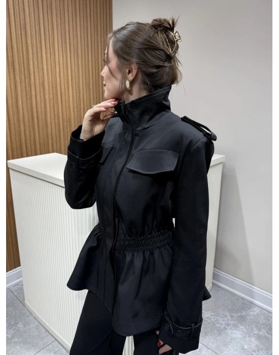 Beli Lastikli Apoletli Ceket Siyah