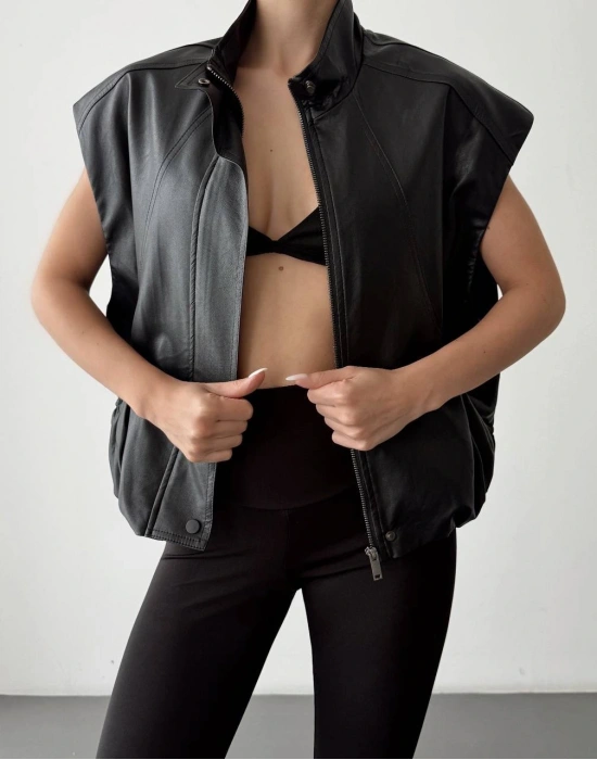 Beli Lastikli Cepli Deri Siyah Yelek