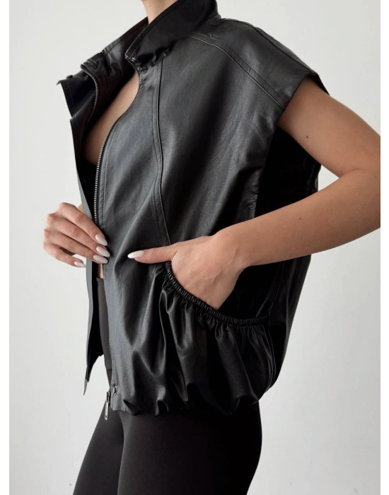 Beli Lastikli Cepli Deri Siyah Yelek