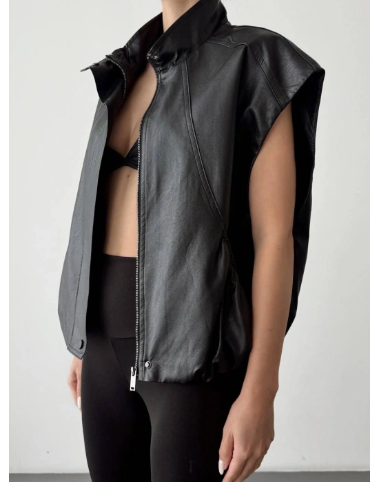 Beli Lastikli Cepli Deri Siyah Yelek