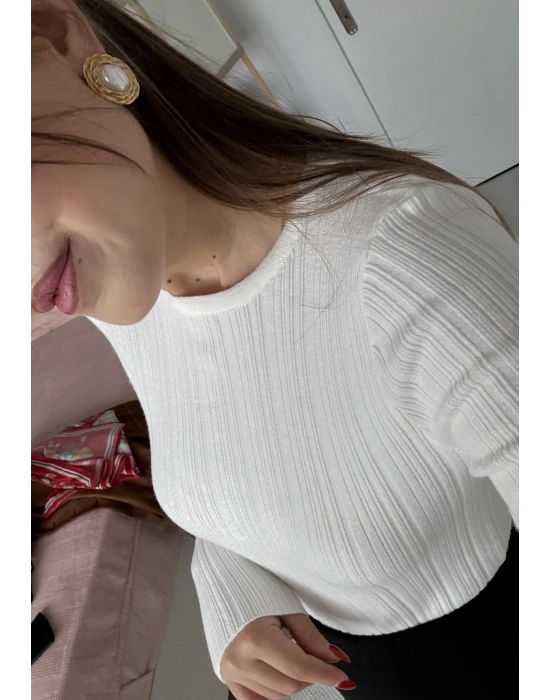 Bisiklet Yaka Fitilli Örgü Kazak Beyaz