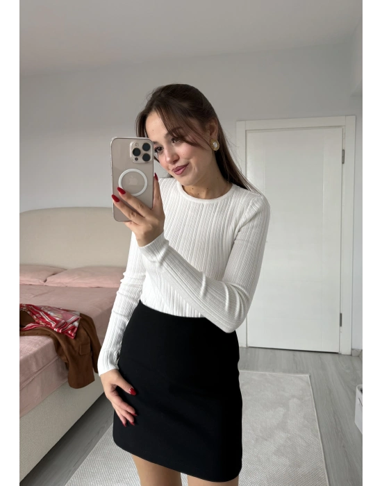 Bisiklet Yaka Fitilli Örgü Kazak Beyaz