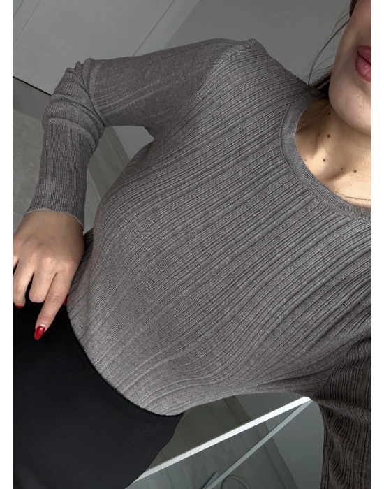 Bisiklet Yaka Fitilli Örgü Kazak Gri