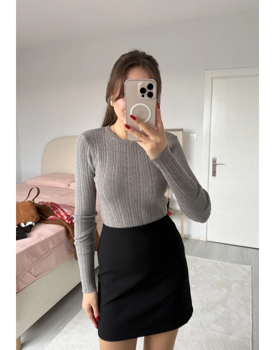 Bisiklet Yaka Fitilli Örgü Kazak Gri