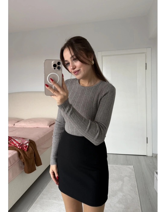 Bisiklet Yaka Fitilli Örgü Kazak Gri