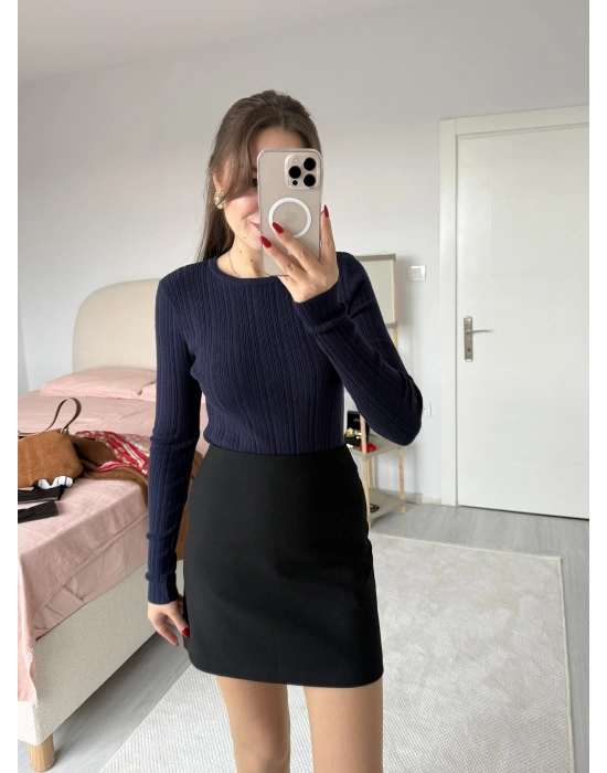 Bisiklet Yaka Fitilli Örgü Kazak Lacivert