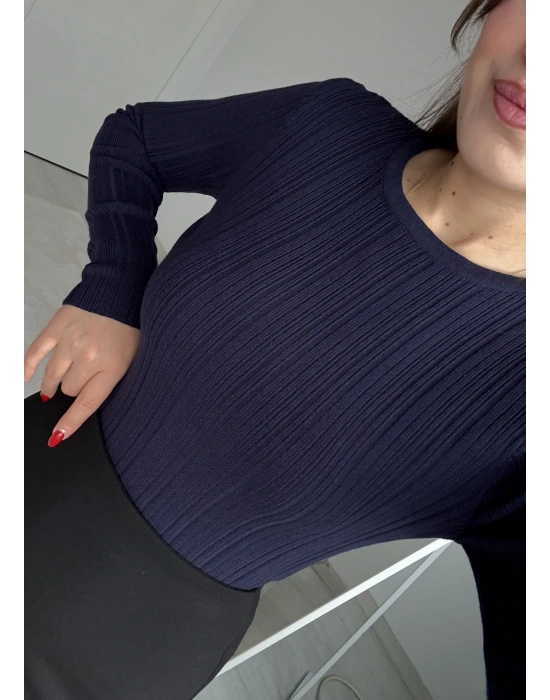 Bisiklet Yaka Fitilli Örgü Kazak Lacivert