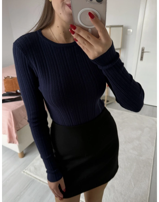 Bisiklet Yaka Fitilli Örgü Kazak Lacivert