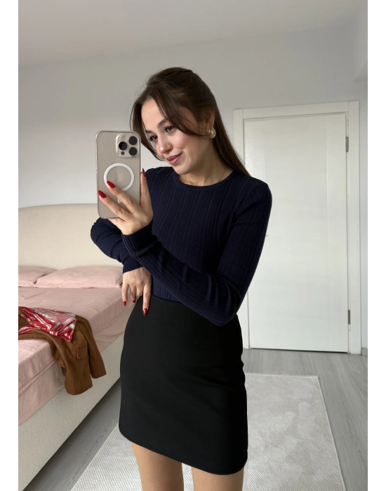 Bisiklet Yaka Fitilli Örgü Kazak Lacivert