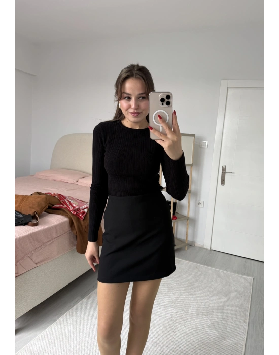 Bisiklet Yaka Fitilli Örgü Kazak Siyah