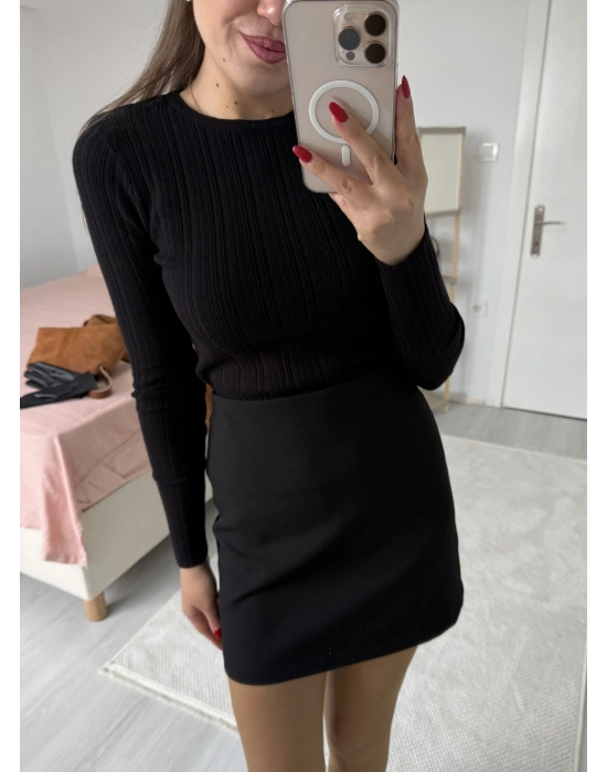 Bisiklet Yaka Fitilli Örgü Kazak Siyah