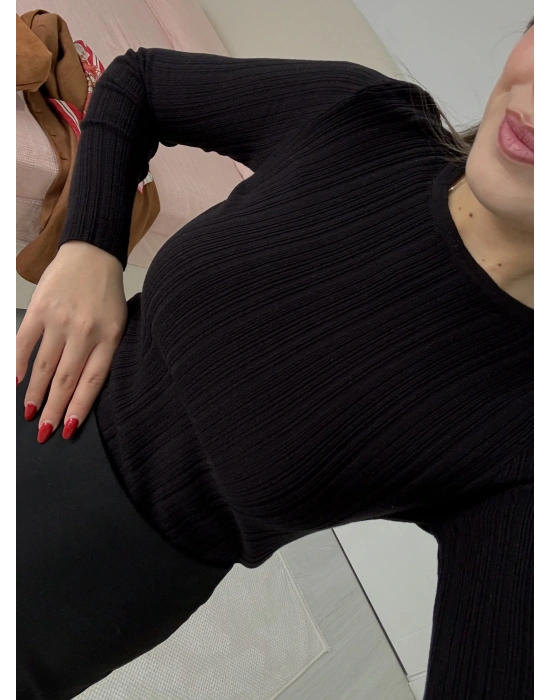 Bisiklet Yaka Fitilli Örgü Kazak Siyah