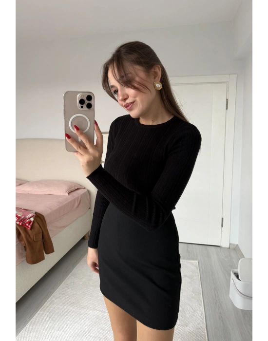 Bisiklet Yaka Fitilli Örgü Kazak Siyah