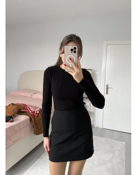 Bisiklet Yaka Fitilli Örgü Kazak Siyah