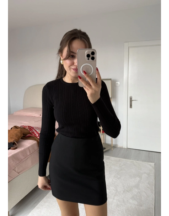 Bisiklet Yaka Fitilli Örgü Kazak Siyah