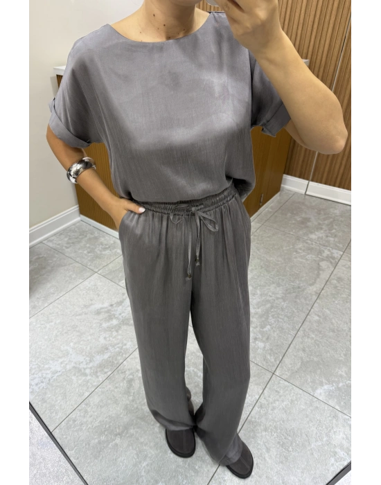 Bluz Pantolon Gri Saten Takım