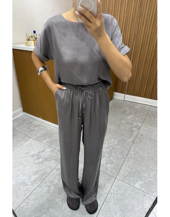 Bluz Pantolon Gri Saten Takım