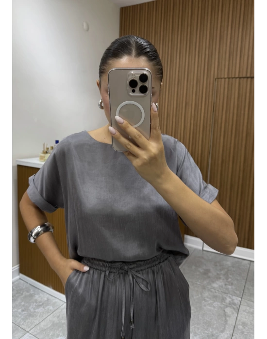 Bluz Pantolon Gri Saten Takım