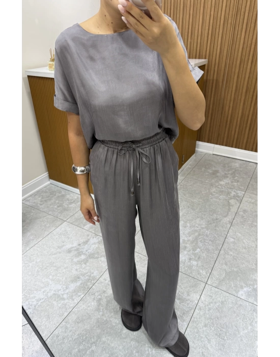 Bluz Pantolon Gri Saten Takım