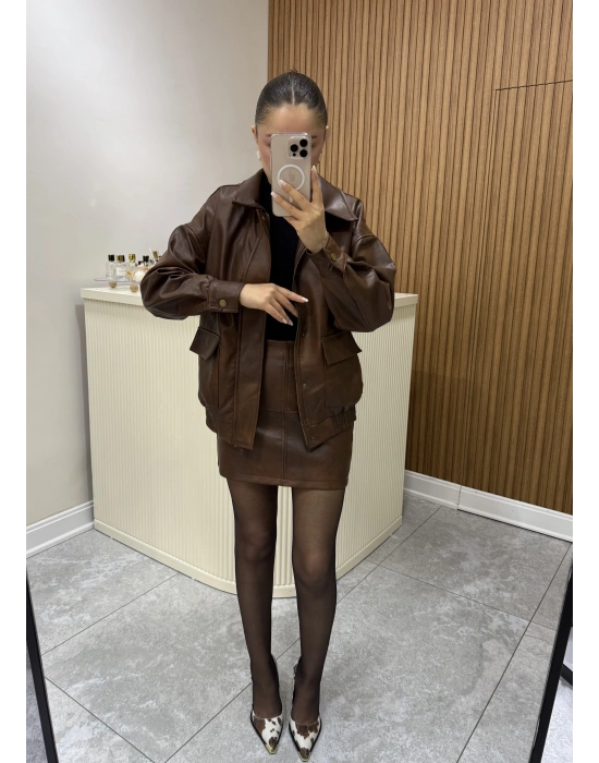 Bomber Deri Ceket Etek Takım Taba