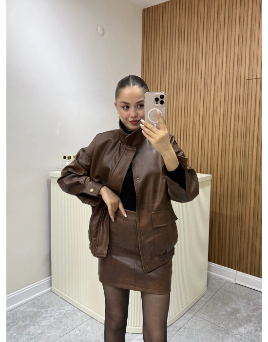 Bomber Deri Ceket Etek Takım Taba