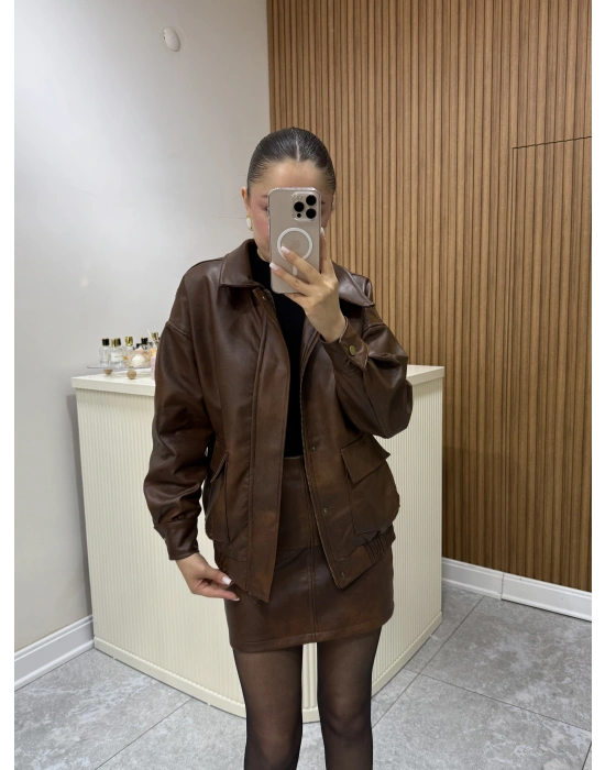 Bomber Deri Ceket Etek Takım Taba